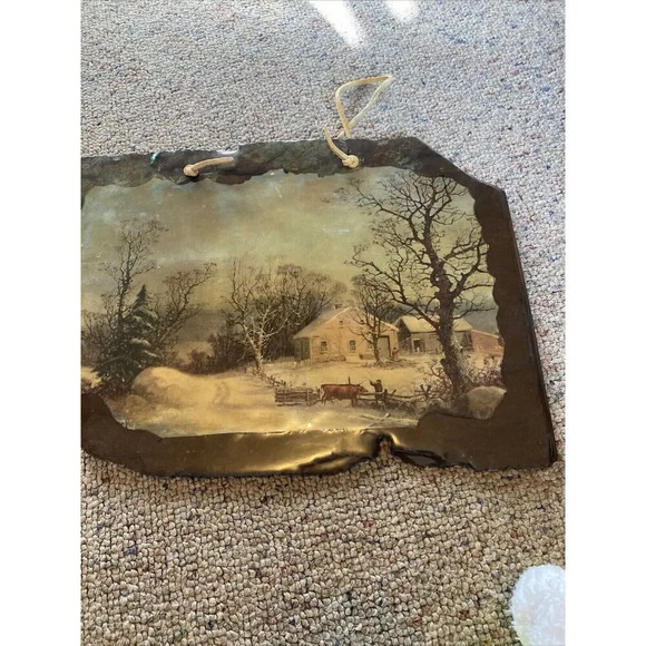 VTG 1977 Original Slate Art Print Landscape Country Farm Scene WallHanging Decor - Picture 9 of 9